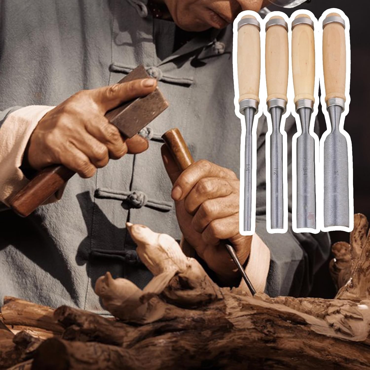 Precision Woodworking Chisel Set – 4 Carbon Steel Gouges for Advanced Carving