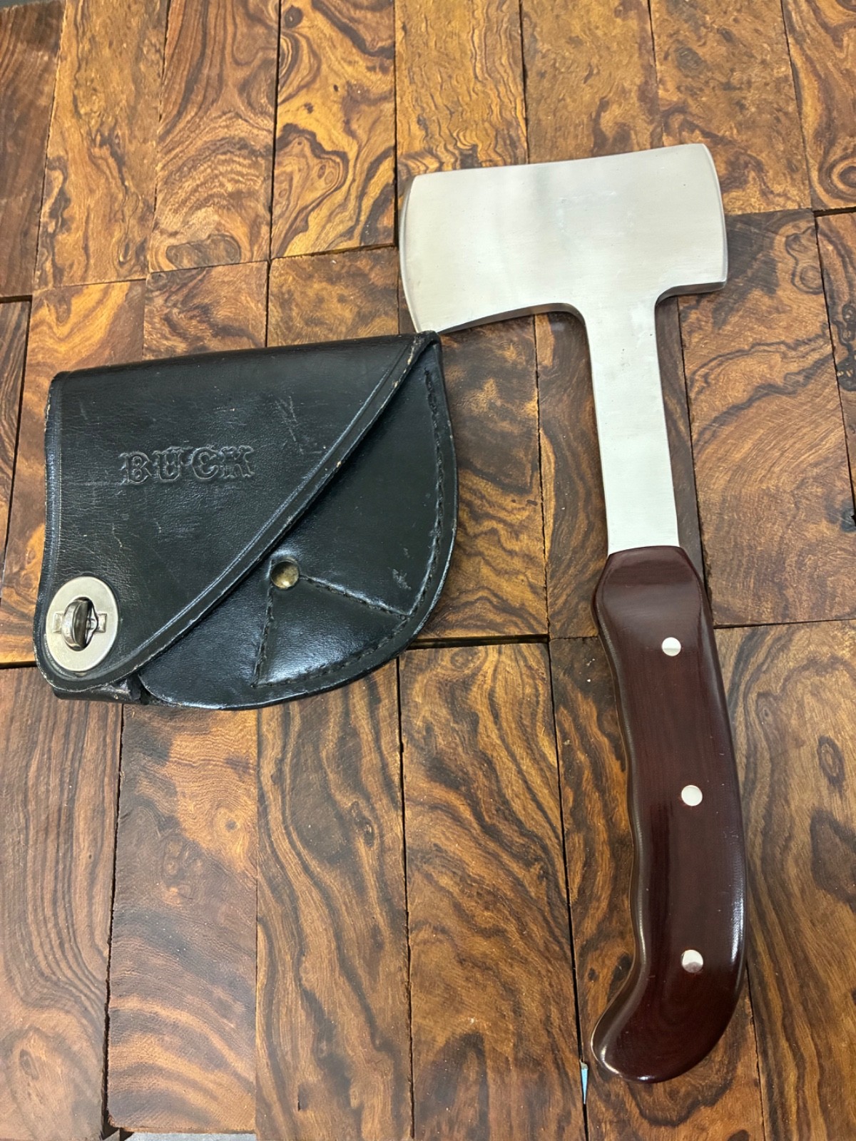 Buck Knives 106 Axe Hatchet Two Liner Rare Red Burgandy Handle and Sheath 1970’s