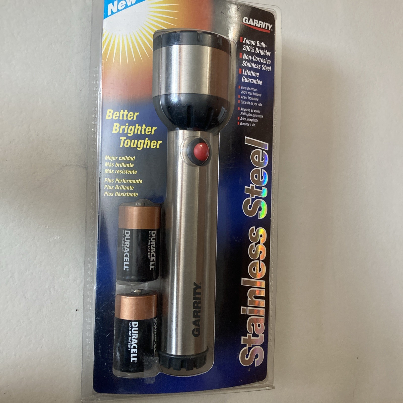 NOS VTG GARRITY STAINLESS STEEL XENON LIGHT BULB FLASHLIGHT + PUSH BUTTON SWITCH