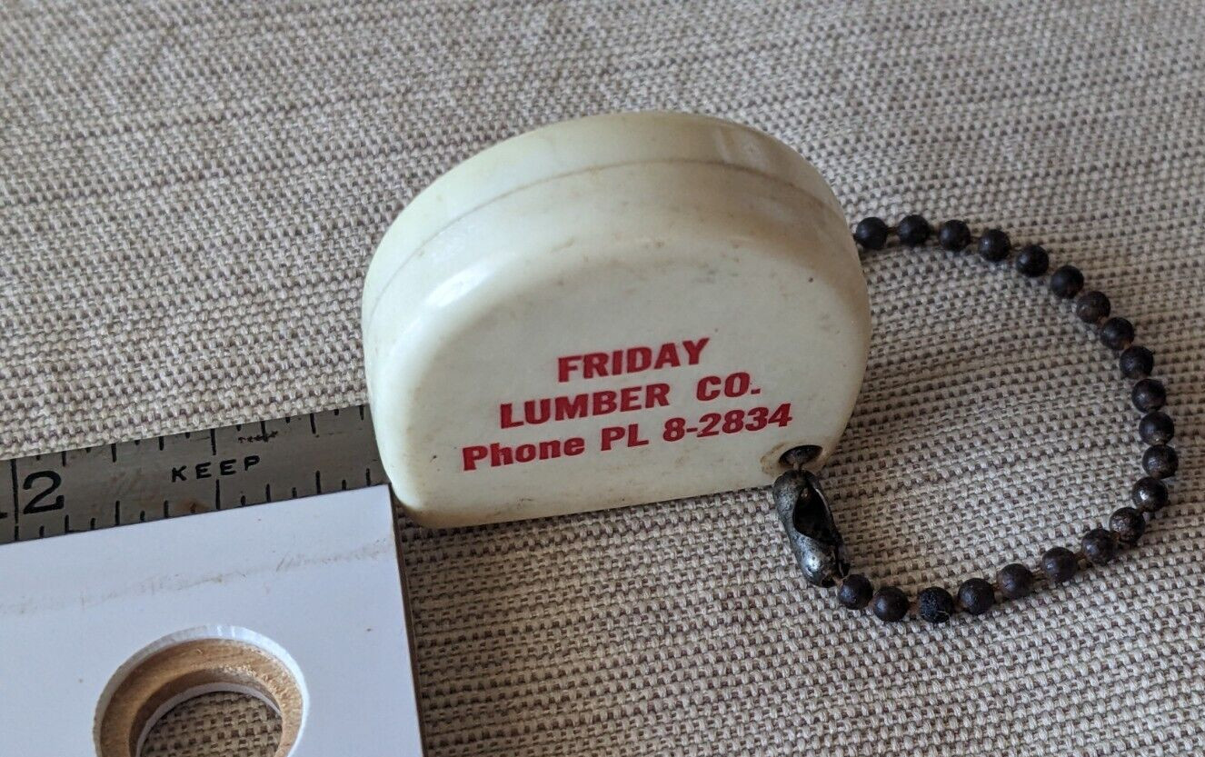 Friday Lumber Co – Tuscaloosa AL – Vintage ~1958 Key-Chain Fob Tape Measure 24″