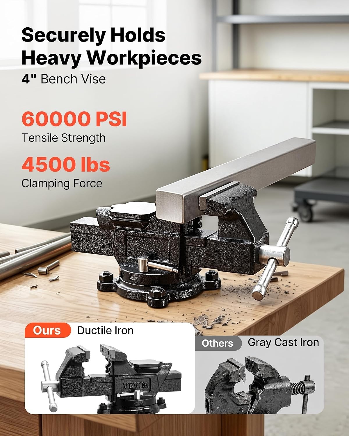 Multi-Purpose 4″ Jaw Width Heavy Duty Bench Vise with Anvil & 4500 lbs Clamping