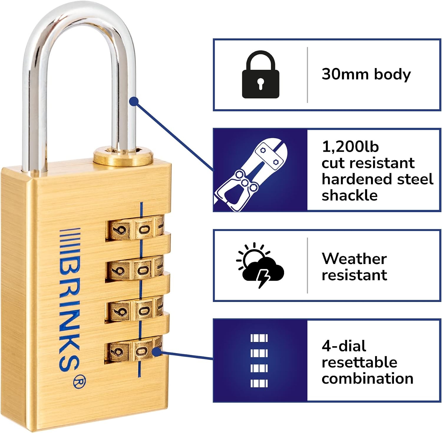 – 30mm Solid Brass 4-Dial Resettable Padlock – Chrome Plated With Hardened Steel