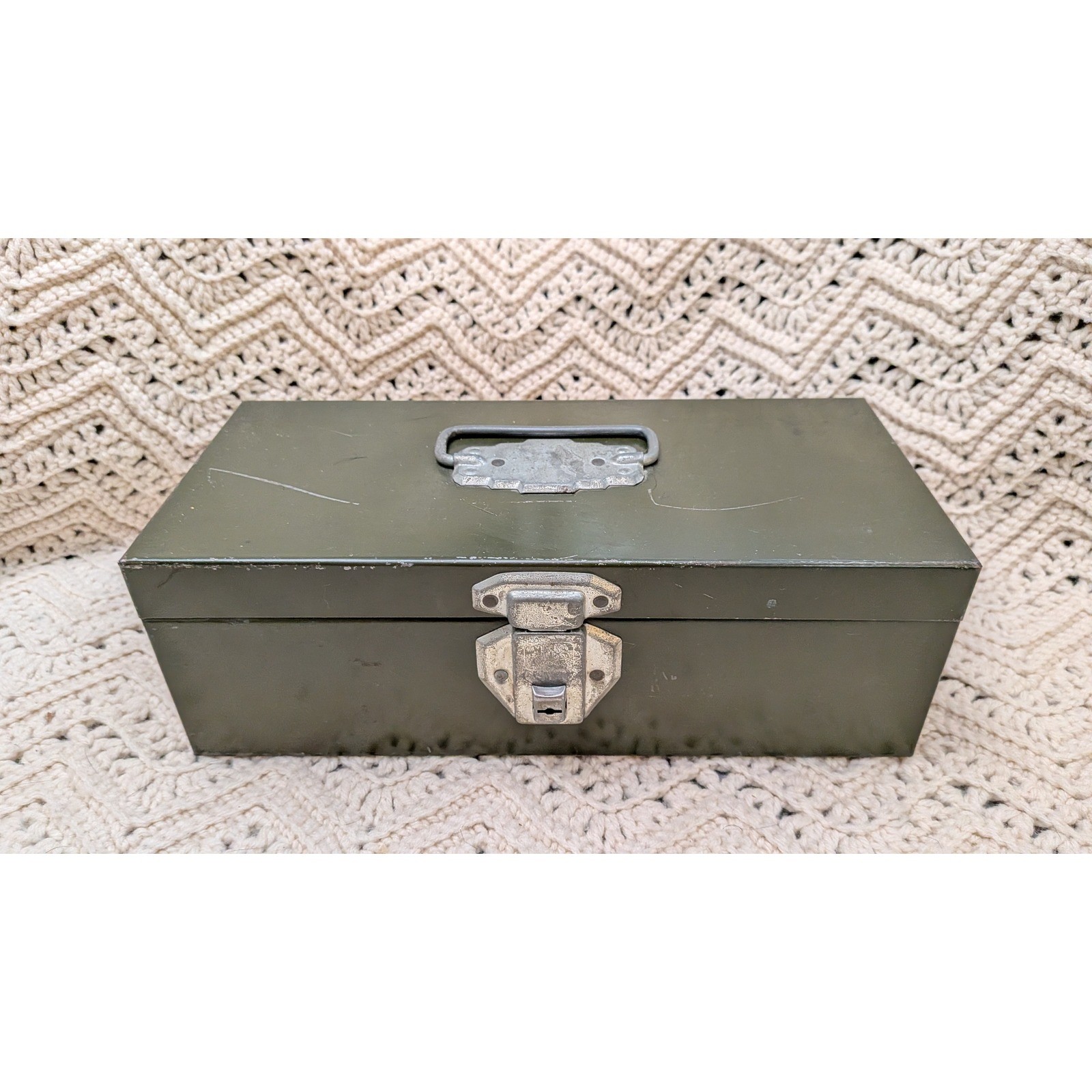 Vintage Metal Tool Box Olive Green Utility Storage Chest Steel Case with Handle
