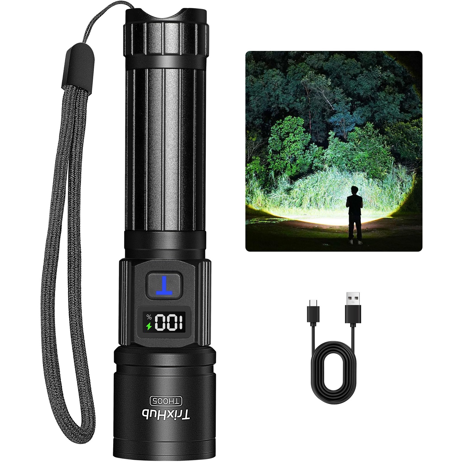TrixHub Rechargeable Flashlights High Lumens, 5Mode Flash Light 1 Pack, Black