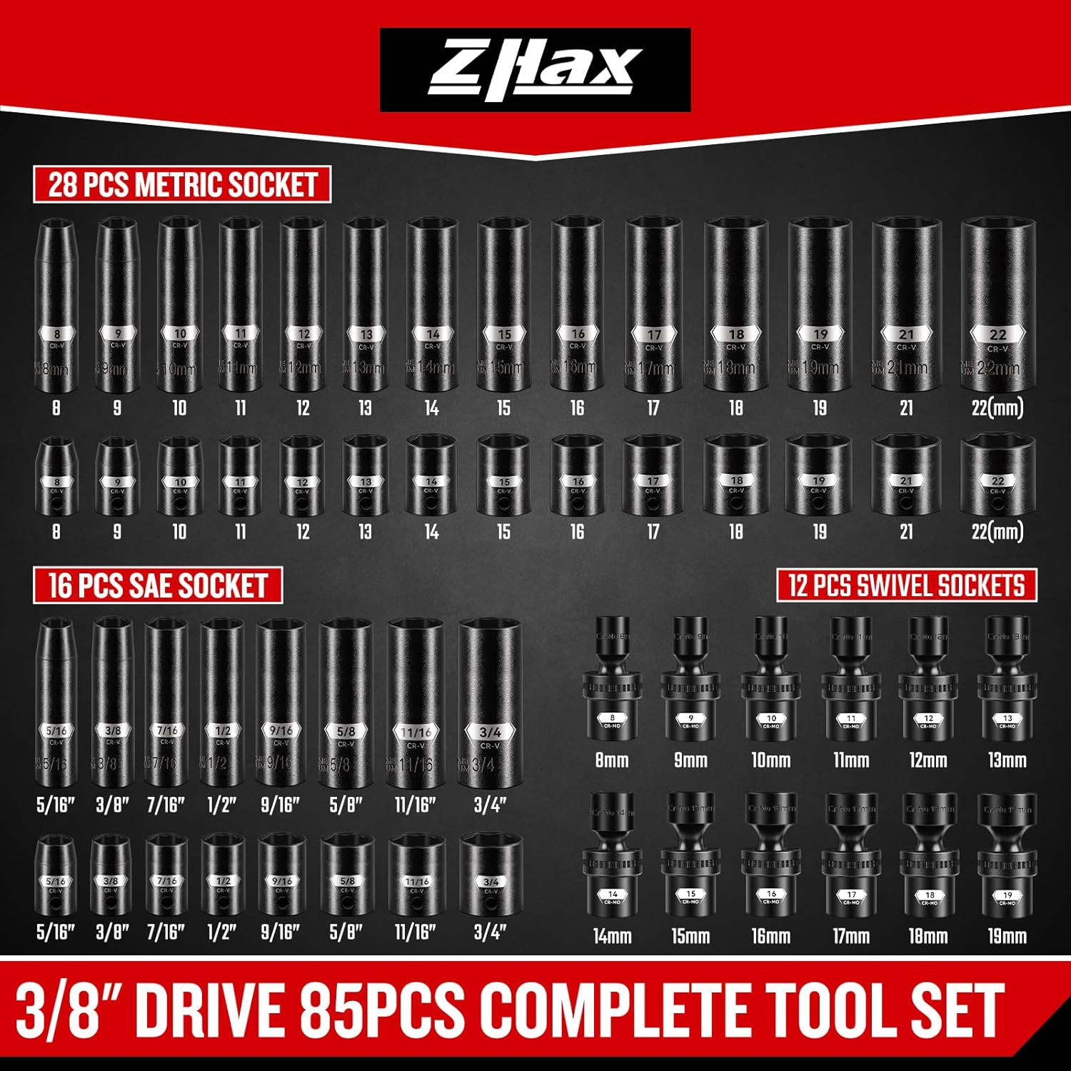 85-Piece 3/8″ Drive Impact Socket Set, Standard SAE (5/16″-3/4″) & Metric (8-22M