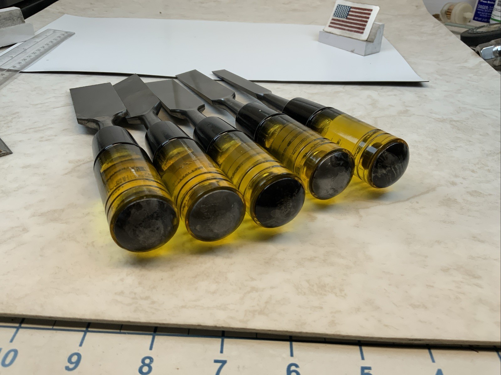 Buck Bros. 5pc wood Chisel Lot, 1/2in., 3/4in., 1in.(2), 1-1/4in., USA