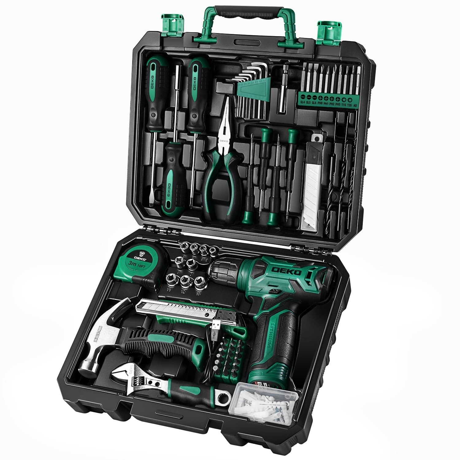 DEKOPRO Drill Set: 8V Green Cordless Drill, Home Tool Kit with 126 … Fast Ship