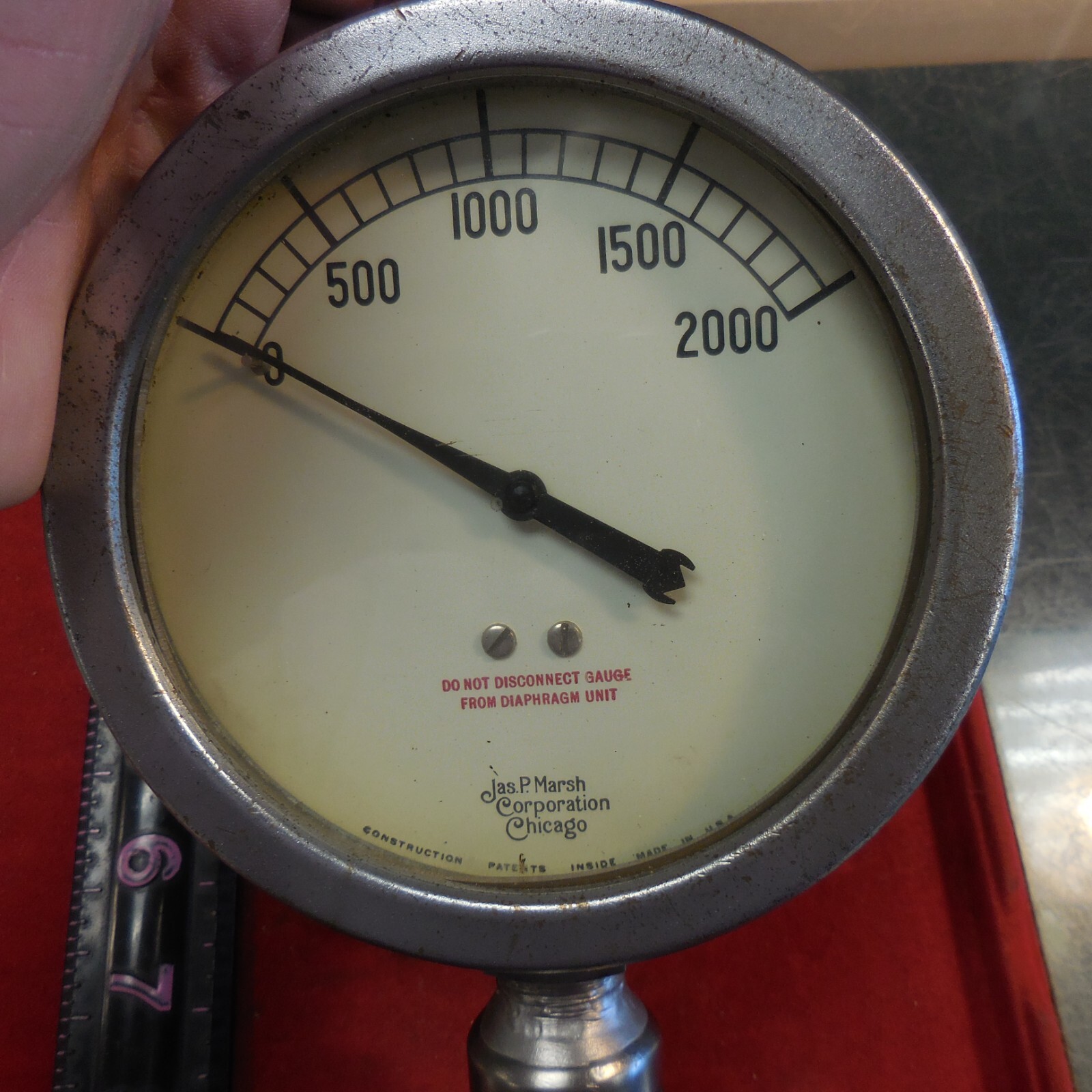 ANTIQUE LARGE STAINLESS Jas P. MARSH Corp PRESSURE GAUGE 1-497 WEIGHS 7 LBS