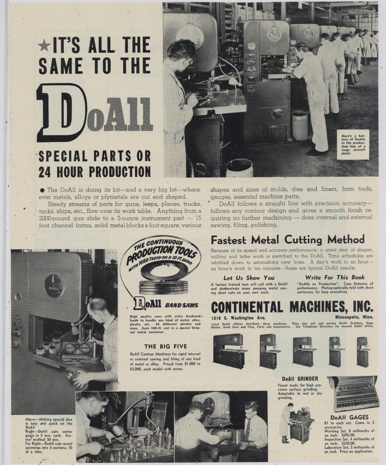 1943 Continental Machines Ad: DoAll Do All Band Saws – Minneapolis, Minnesota