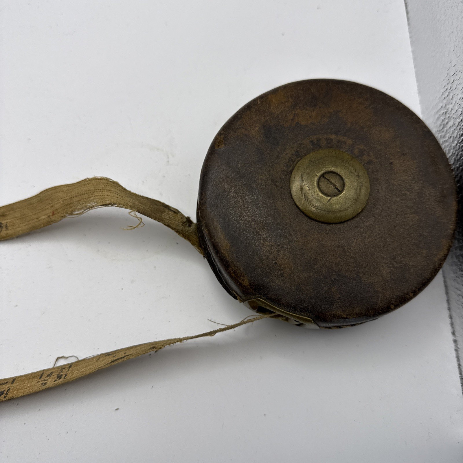 Vintage Chesterman Sheffield 50ft Leather Tape Measure Antique Linen Brass FWO