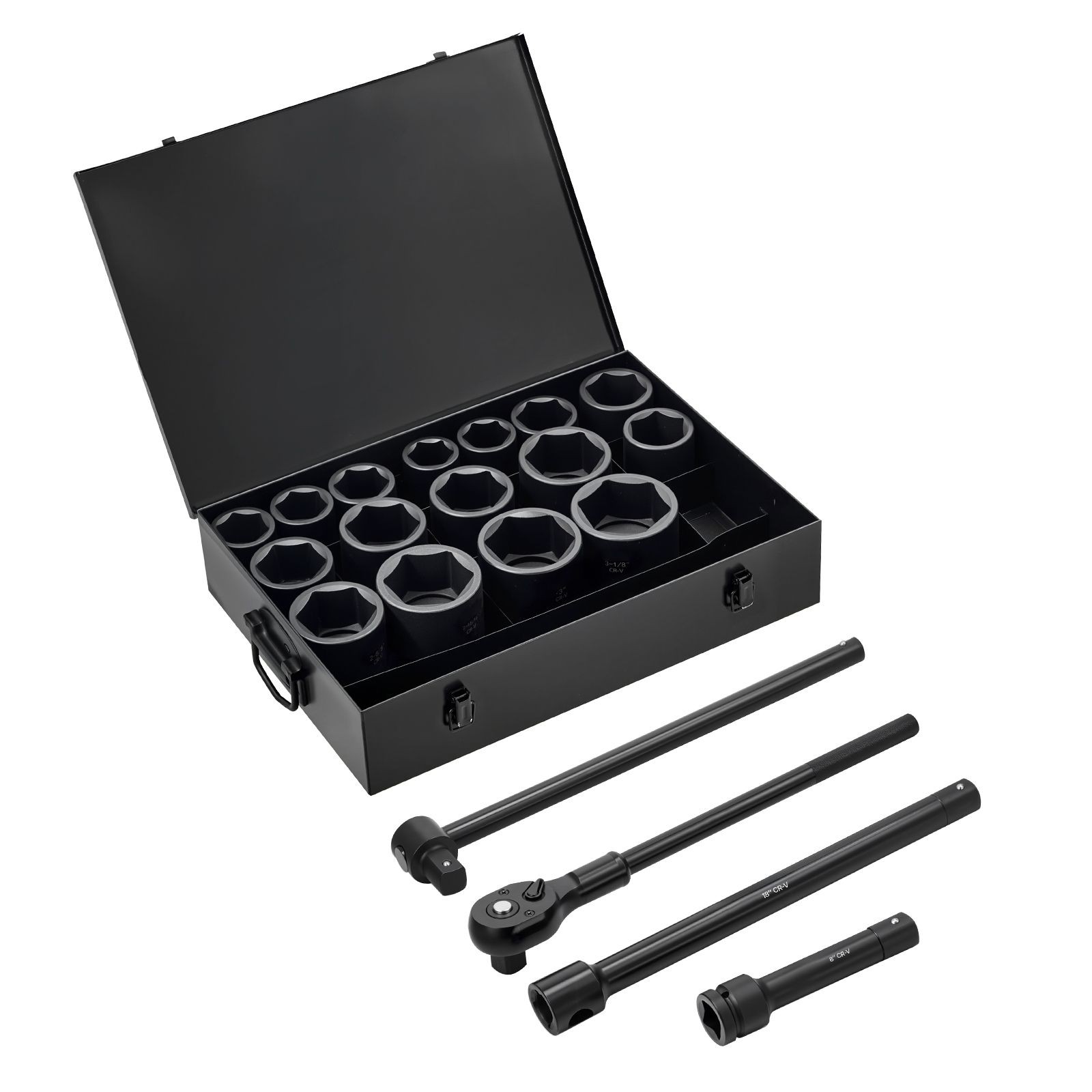 1in Drive 6pt Impact Socket Set SAE 1-5/8-3-1/8, 24in Ratchet CrV Steel