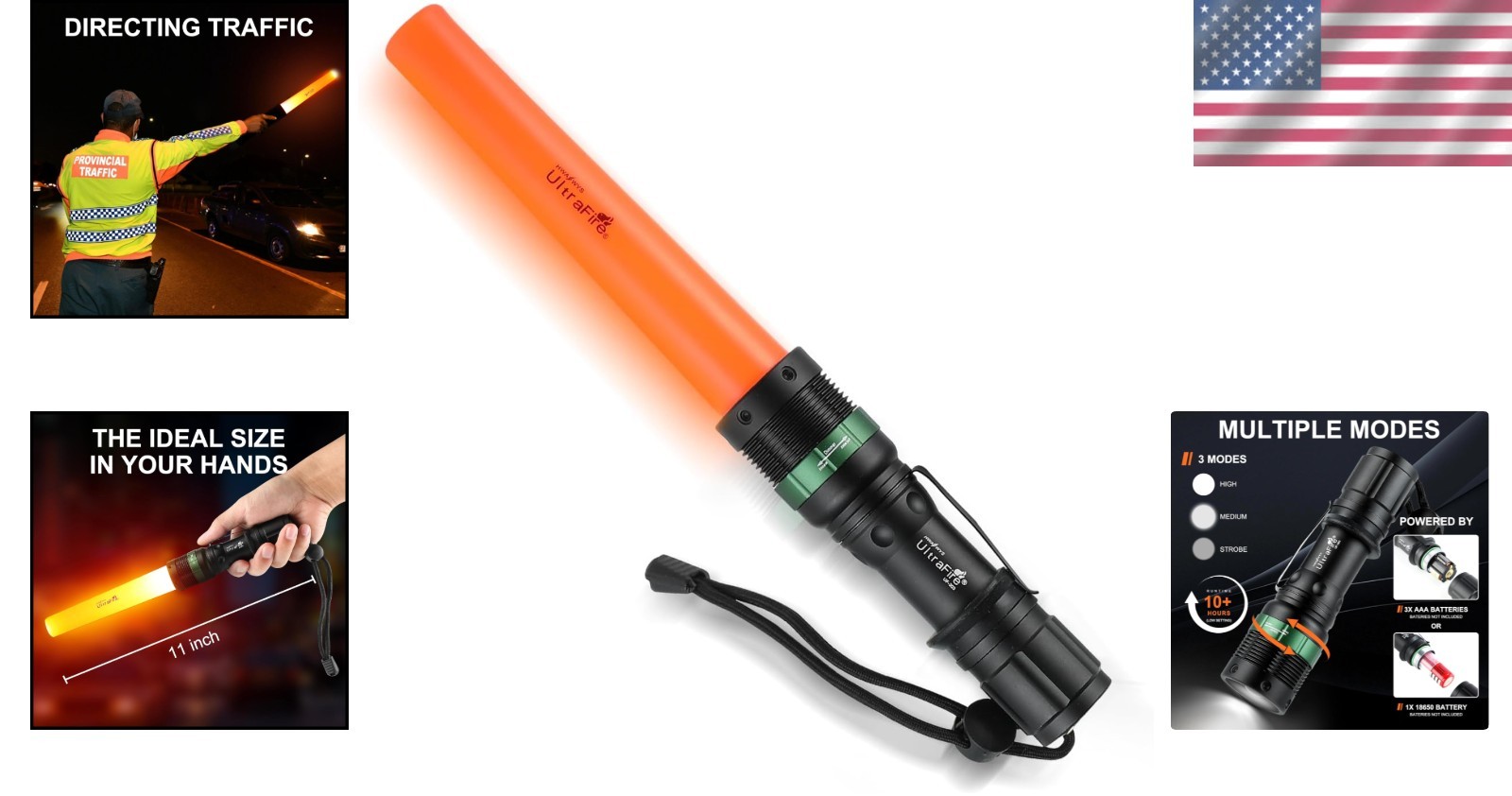Ultra Bright 250LM 11-Inch Traffic Wand Flashlight with Strobe Mode & Strap