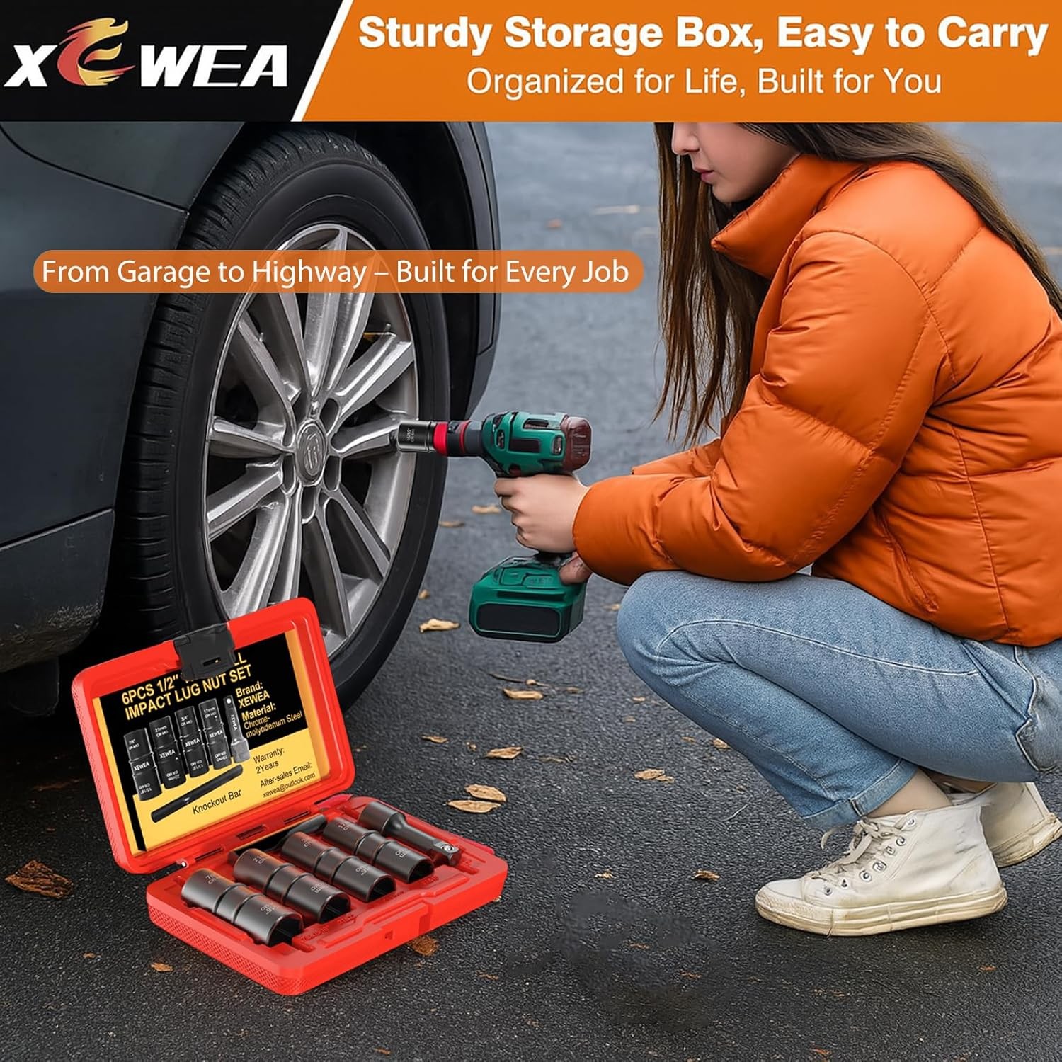 6PCS Lug Nut Impact Socket Set, XEWEA 1/2″ Drive 8-IN-4 Flip Socket Design Metri