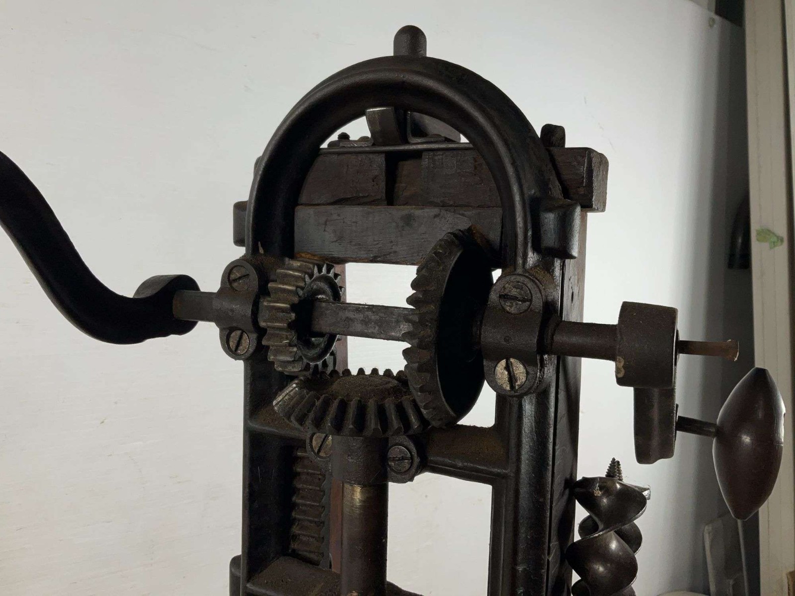 Hand‑Cranked Cast Iron and Wood Barn Beam Boring Machine with Auger Bits