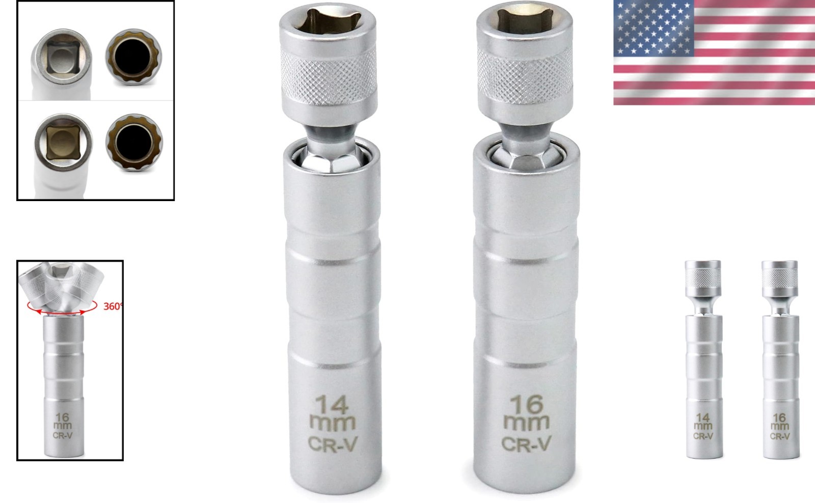 14Mm&16Mm （9/16″&5/8″）Magnetic Swivel Spark Plug Socket,Thin Wall 12 Points 3/8″