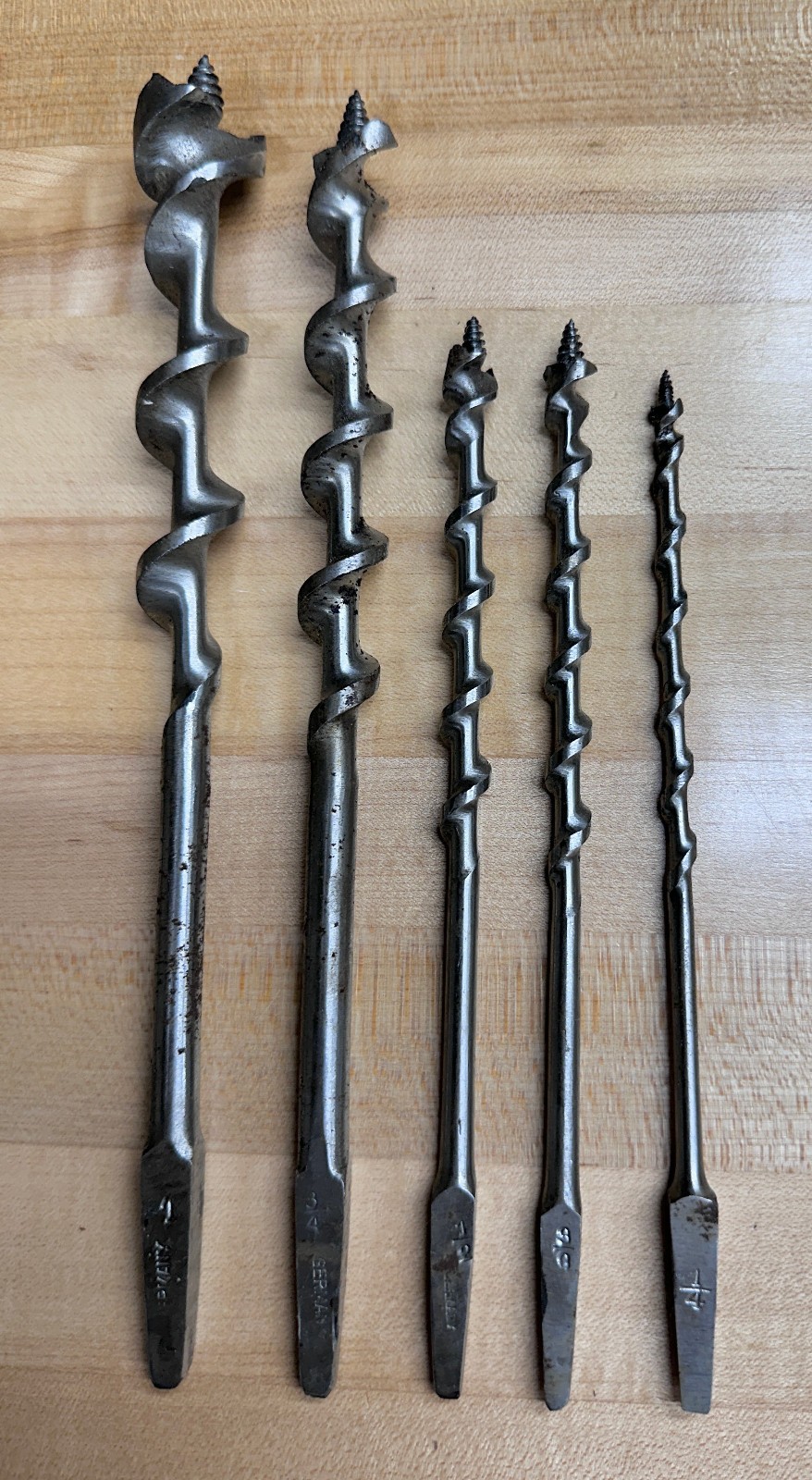 Five Vintage Auger Brace Bits, 1/4, 3/8, 1/2, 3/4, 1″, Germany