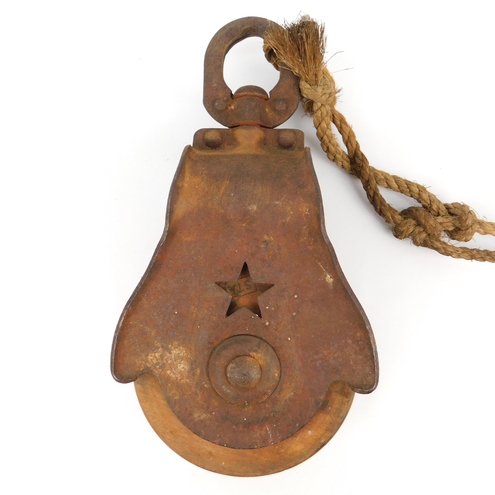 Vtg Starline Inc 12″ Wood & Iron Pulley Block 6″ Wheel Rustic Farm Barn Decor