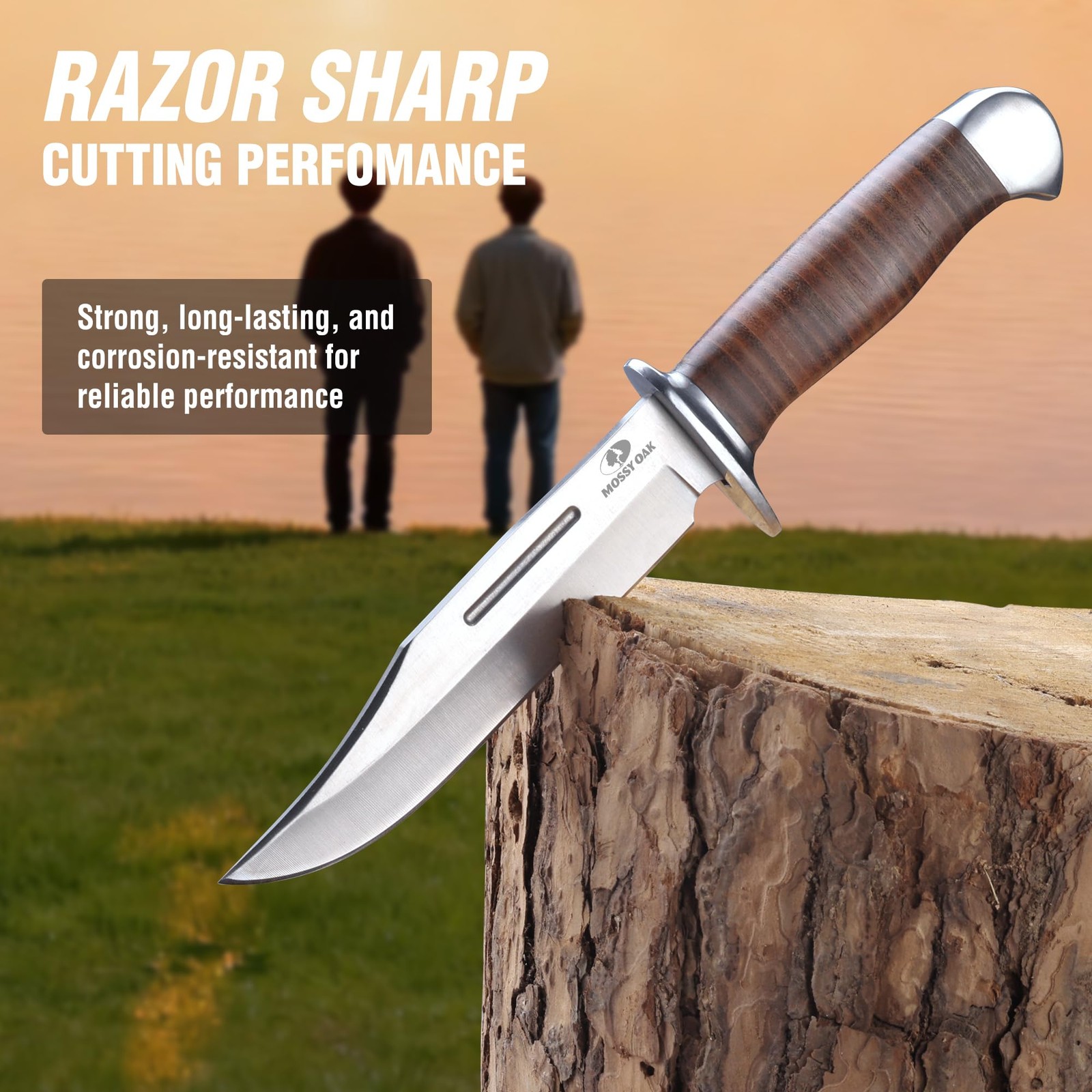 2-piece Bowie Knife, Fixed Blade Hunting Knife with Leather Handle, Sheath In…