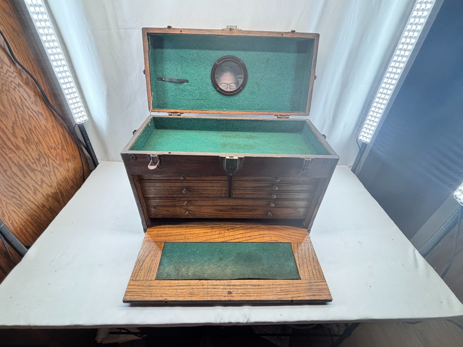 Vintage Oak Machinist Tool Chest 8 Drawer Yale Lock Bevel Mirror Gerstner Style