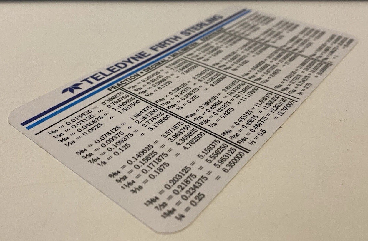 Vtg Teledyne Firth Sterling Grade Comparison Decimal Equivalents Card 6″ x 3″