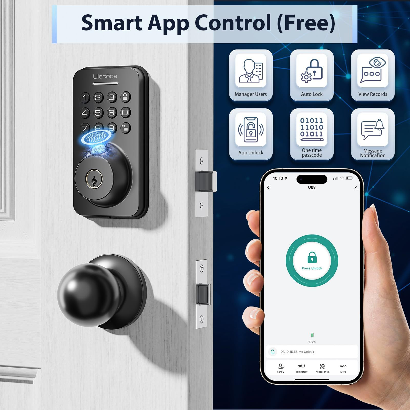 Ulecoce Fingerprint Keypad Deadbolt with Knob Set, Keyless Entry /, Black