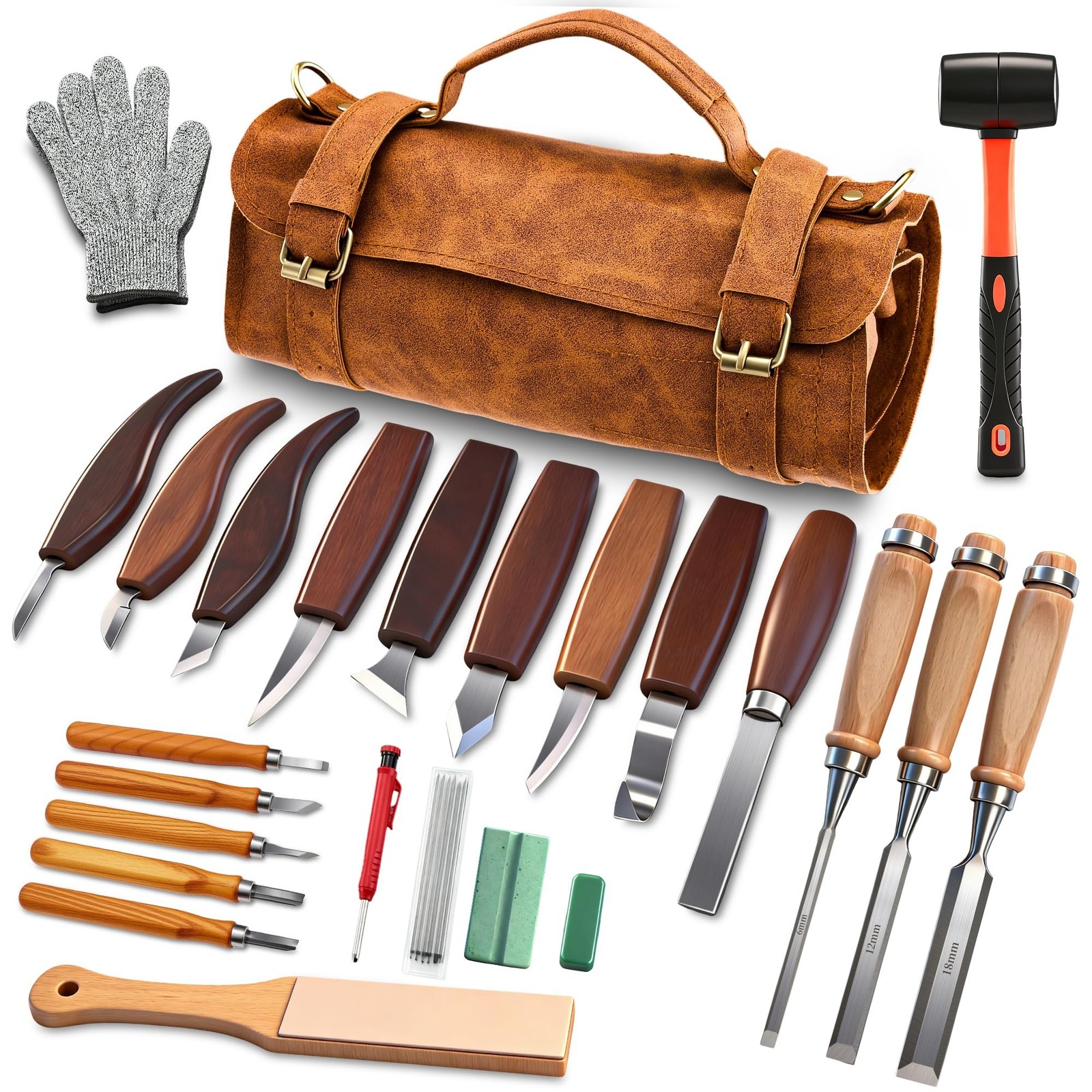 Deluxe Wood Carving Kit, 25 Piece Wood Carving Tools with Thick Leather Stora…