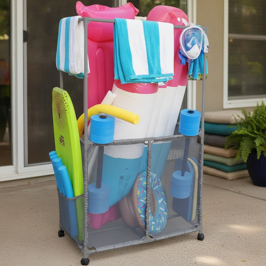 Pool Equipment Holder with Towel Drying Bars, Mesh Rolling Multi Use Storage …