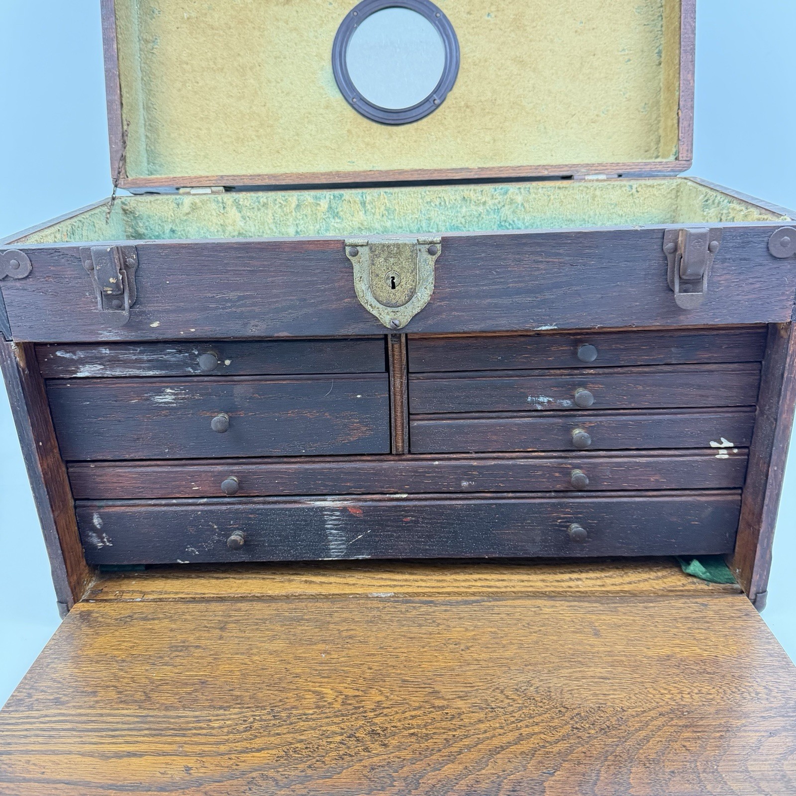 Vintage Oak Wood 7 Drawer Metal Corner Caps Machinist Chest Tool Box Industrial