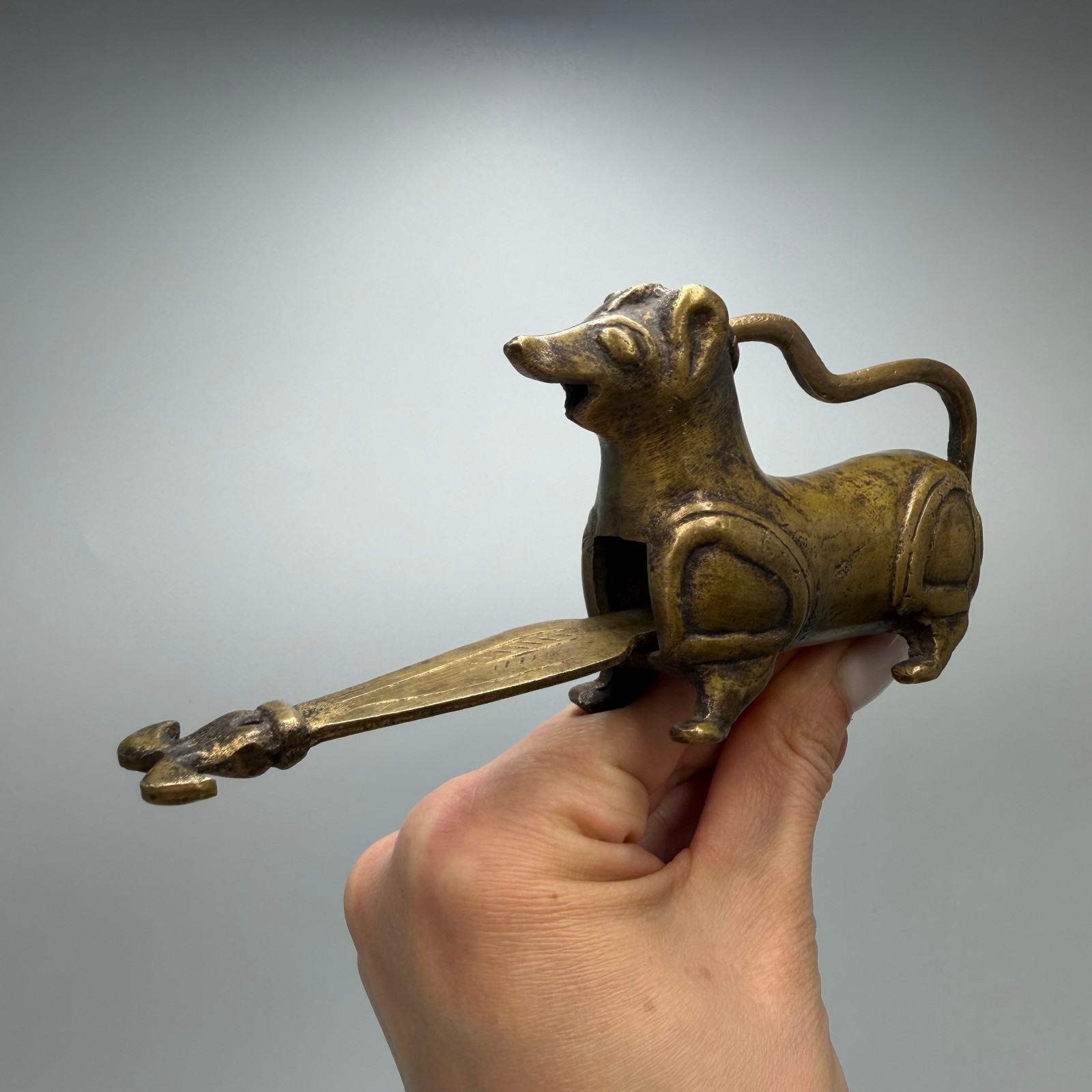 Antique Bronze Dog Shaped Padlock with Key Figural Animal Lock Functional Decor