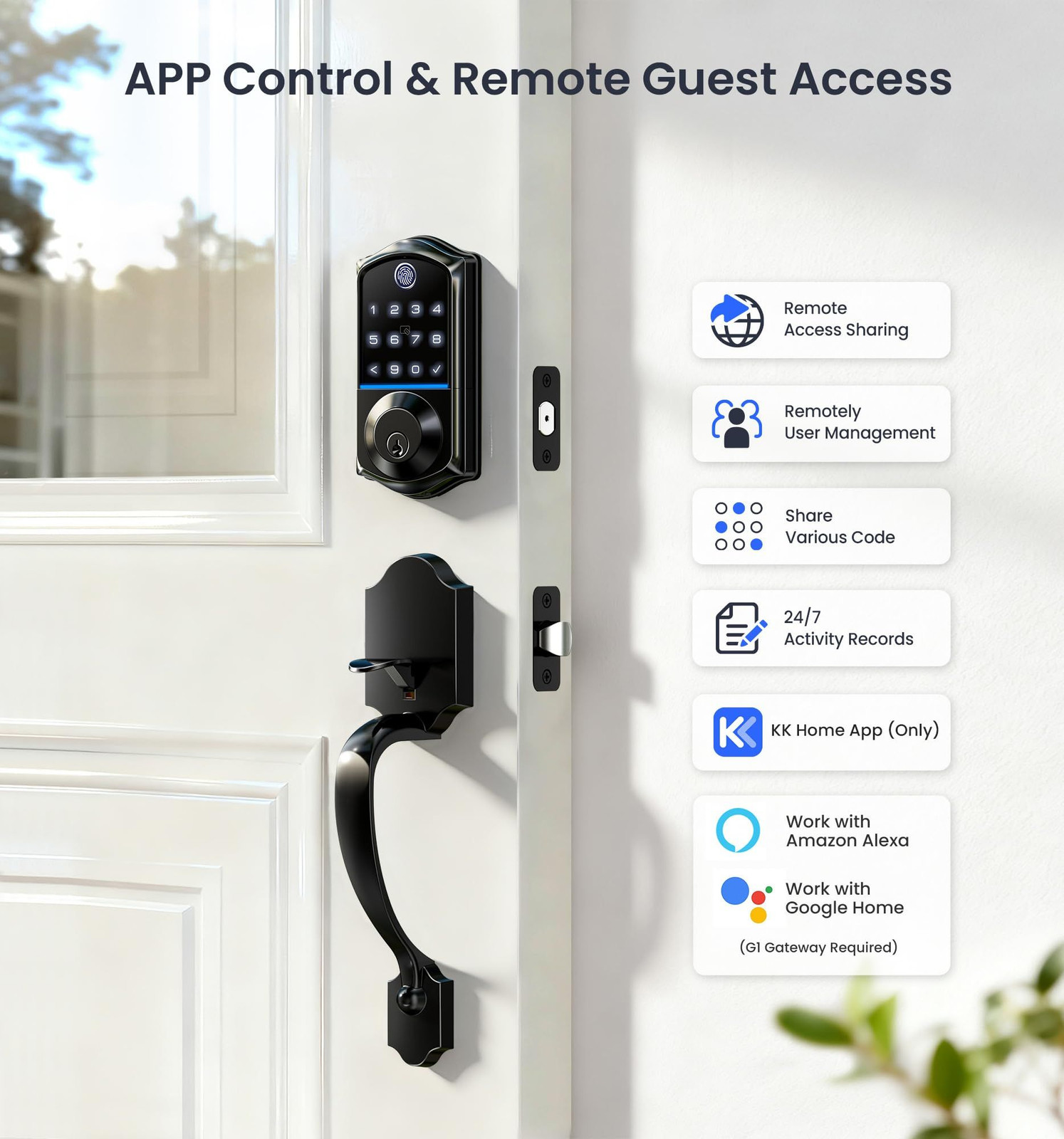 Veise VE017-H Fingerprint Smart Front Door Lock Set, App Control, Matte Black