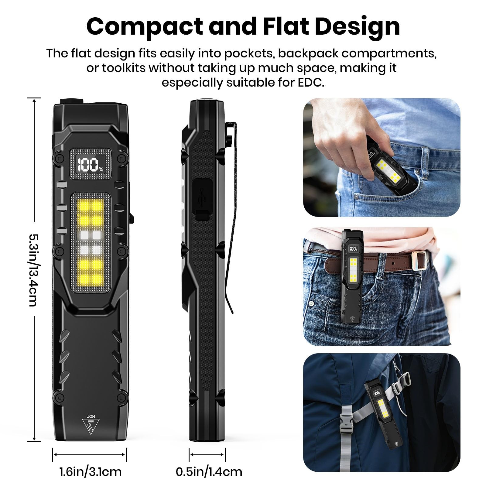 EDC Flat Flashlight Rechargeable – 1100 Lumens LED Flash Light Small, Black