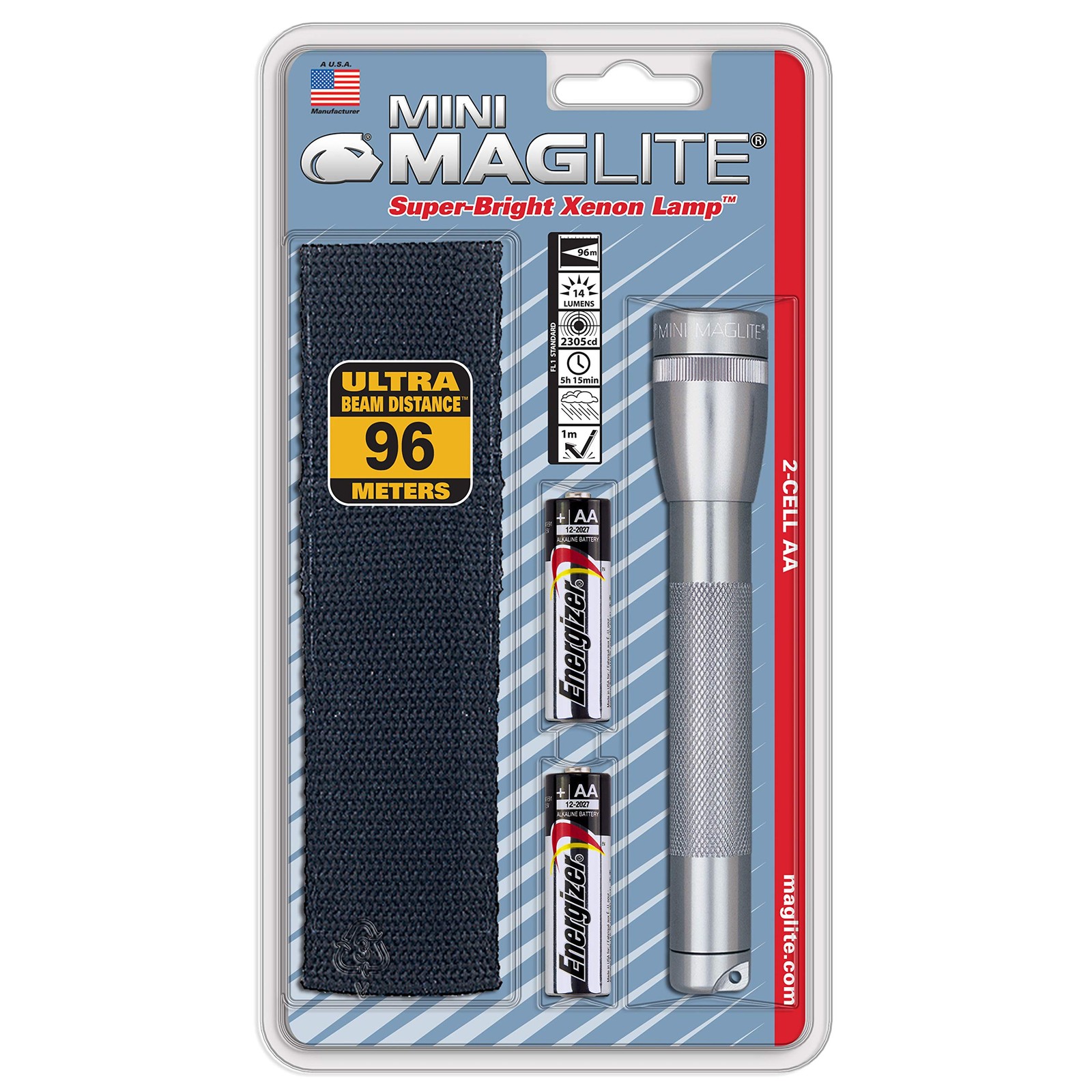 Mini Maglite AA Flashlight Gray Compact Durable Weather Resistant with Holster