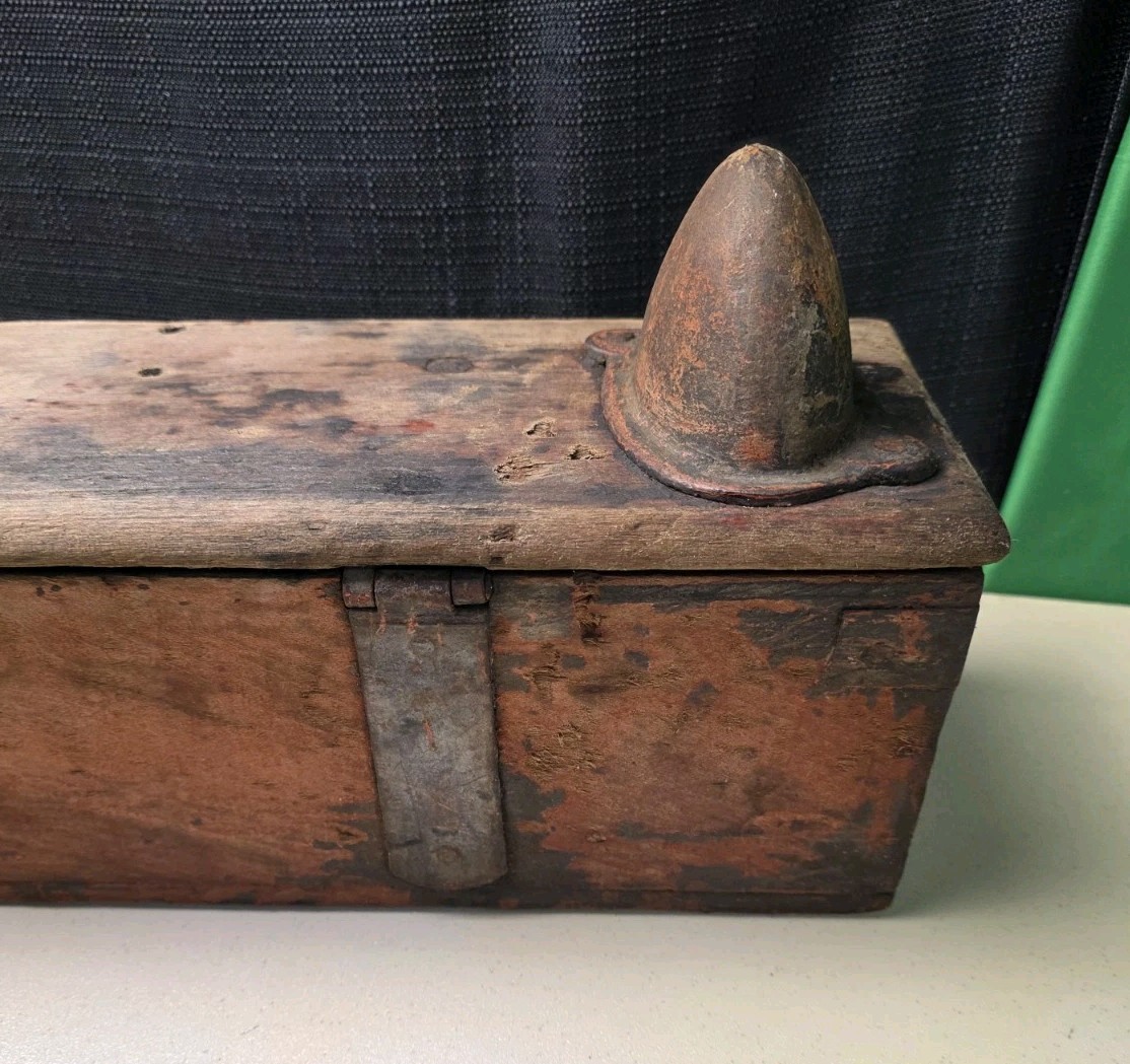 Antique Primitive Wood & Metal Farm Tractor Tool Box Oil Can Anti Tip Cone