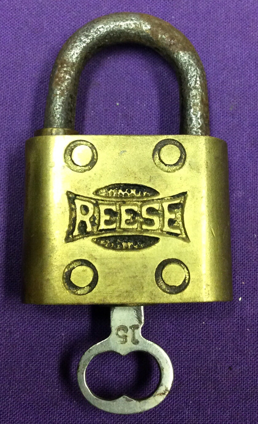 Vintage Used Reese Brass Padlock 1 1/2 X 2 1/4 Inches Weighs .23 Pound Works U