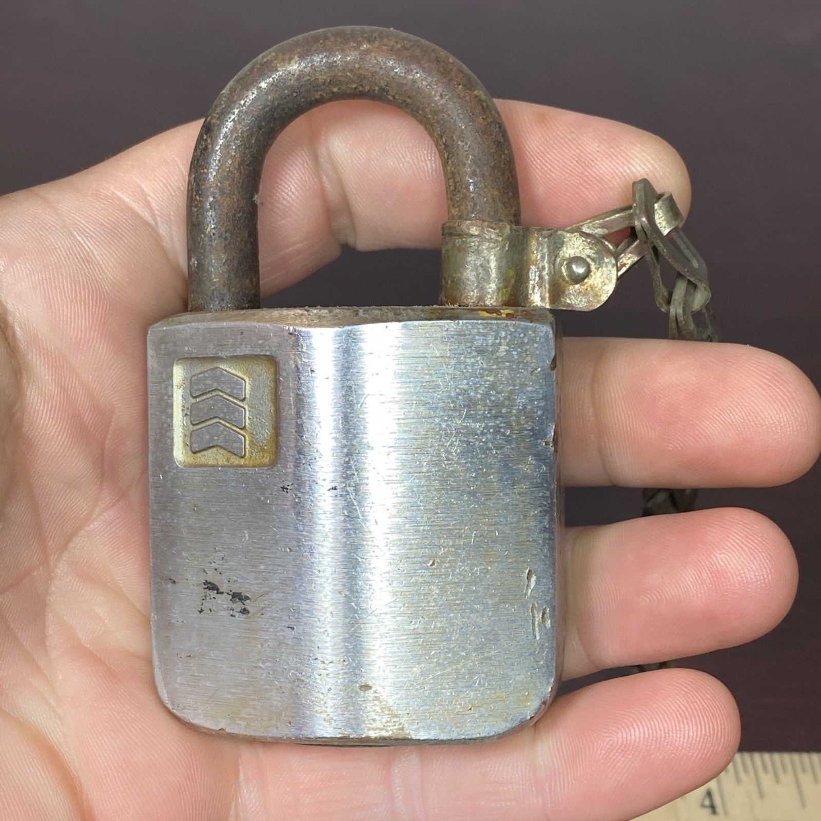 Vtg Sargent Keso High Security Padlock Brass Body Steel Shackle NO Key 8.5”Chain