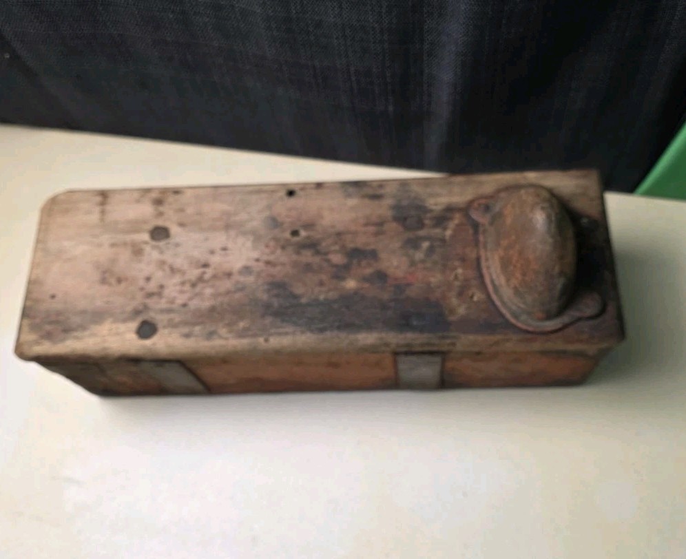 Antique Primitive Wood & Metal Farm Tractor Tool Box Oil Can Anti Tip Cone