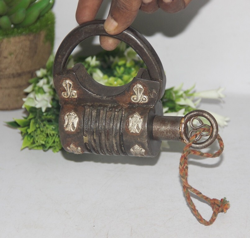 Antique Iron Silver Snake Engraved Solid Lock With 1Key Handcrafted Old Original