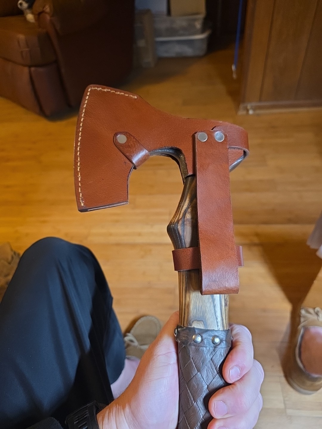 Camping Axe Monkee 18″ Forged Steel w/ Leather Sheath, Bearded Axe Hatchet Nice