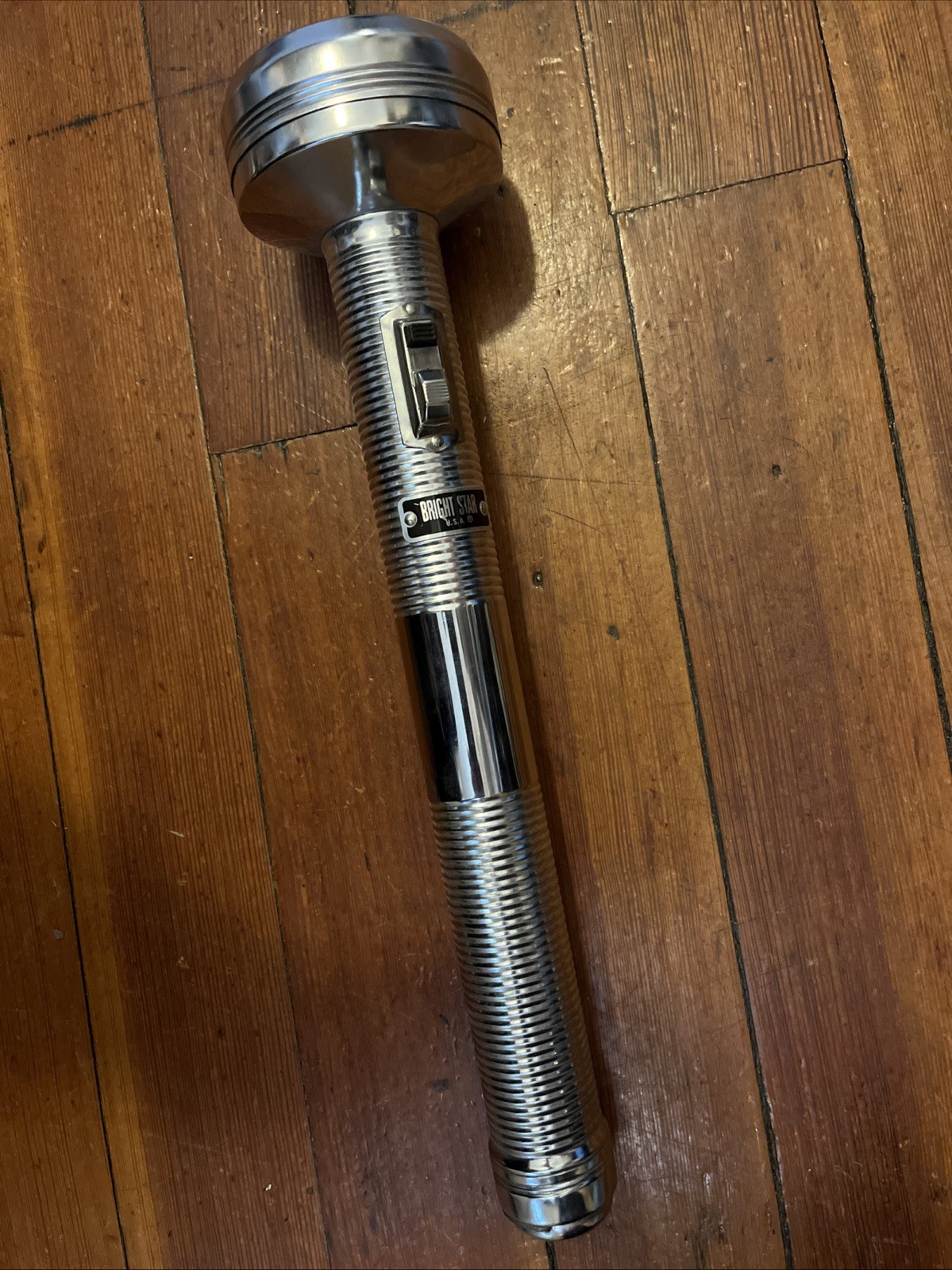BRIGHT STAR Large 15″ FLASHLIGHT CHROME 1960s D BATTery WATCHMANS BrightSTAR
