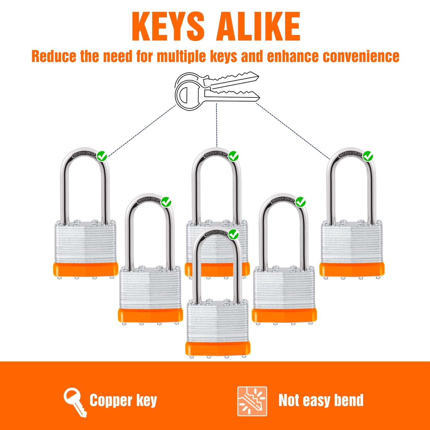 6Pcs Padlocks with Same Keys,Laminated Steel Orange Silver(1-9/16″,40mm),Long…