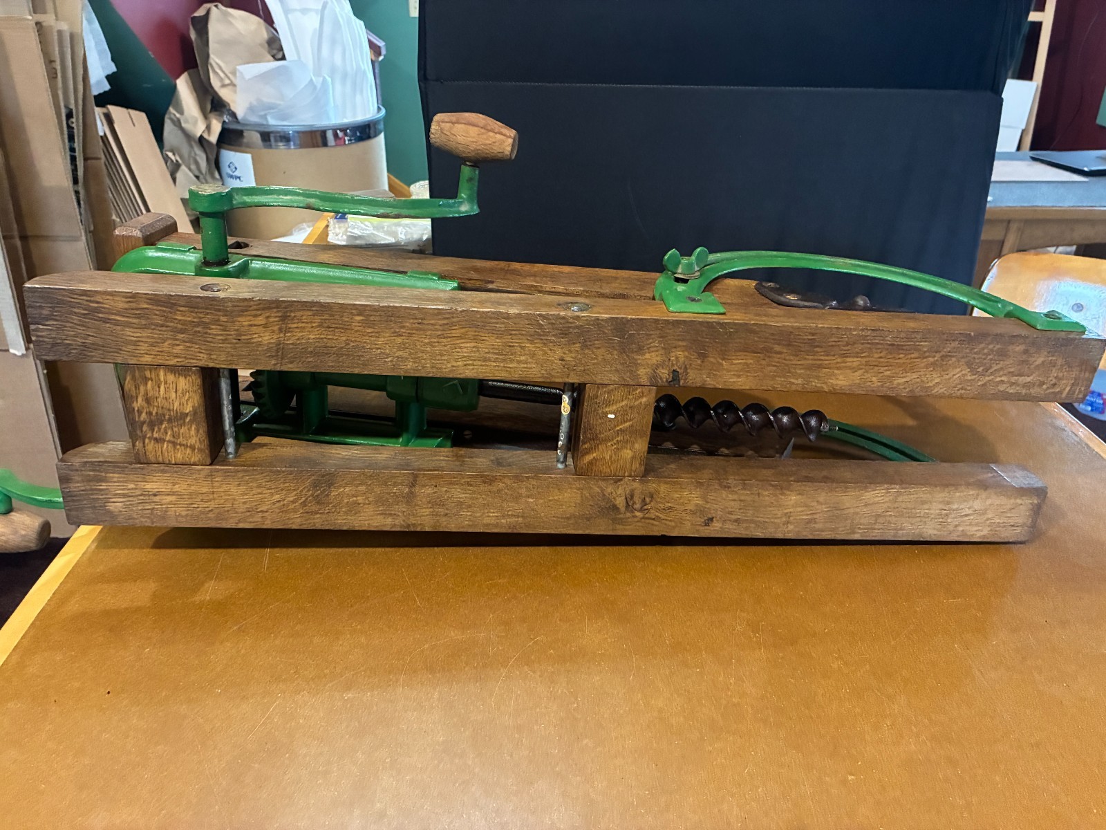Antique Folding Barn Beam Drill & Boring Machine Hand Operated John Deere Green