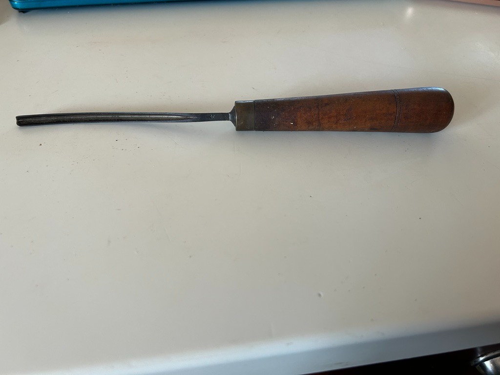 Antique S.J. Addis London carving gouge. Wood Handle,Masonic compass Logo#GL