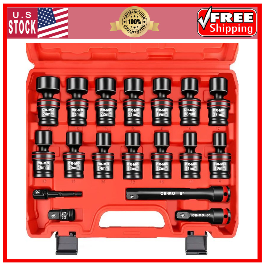 WETT 18pc 1/2″ Drive Shallow Impact Universal Joint Swivel Socket Set 10-24mm