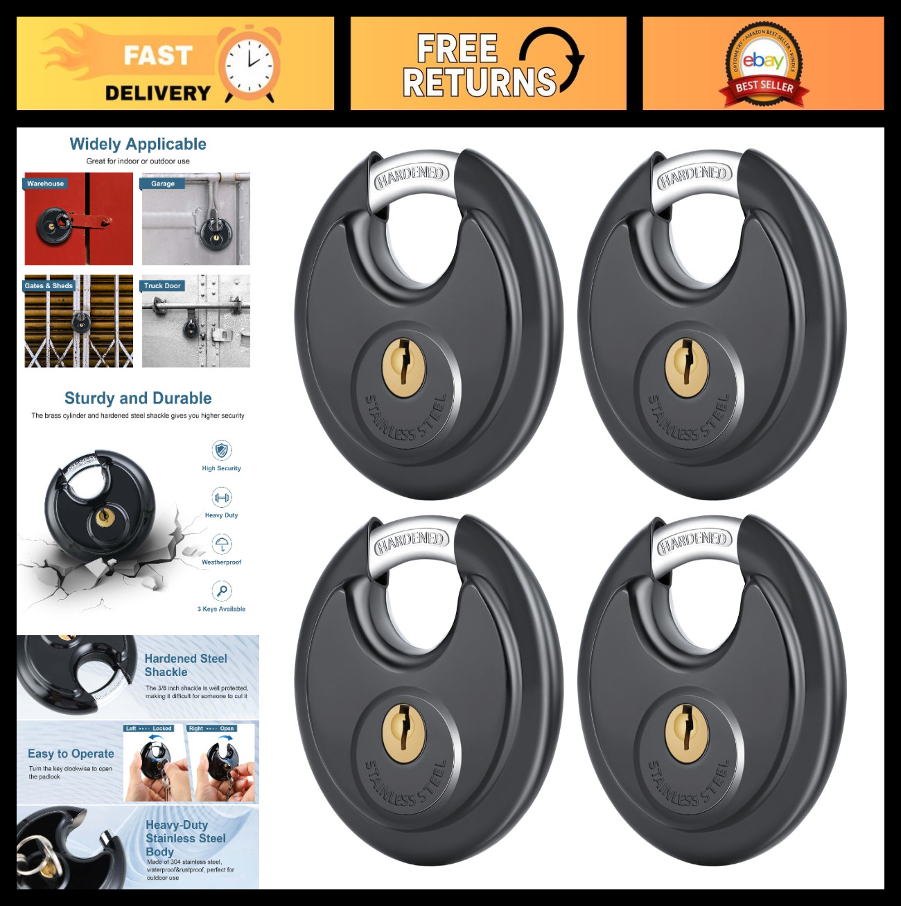 4 Pack Black Keyed Padlocks, 3/8″ Stainless Steel Disc Locks for Outdoor Securit
