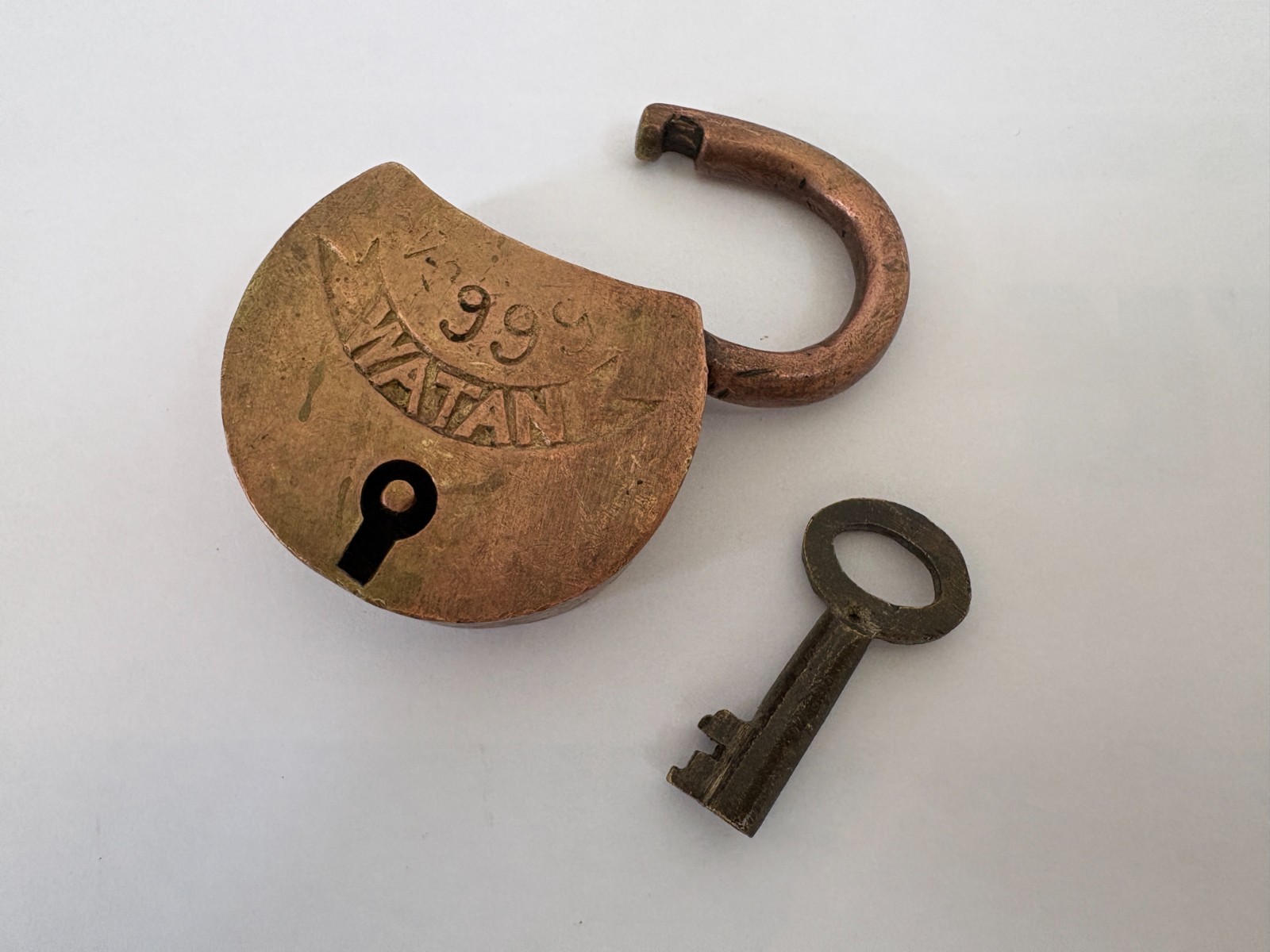 Vintage Brass Padlock with Key Indian Handmade Collectible Watan 999 Rear Lock