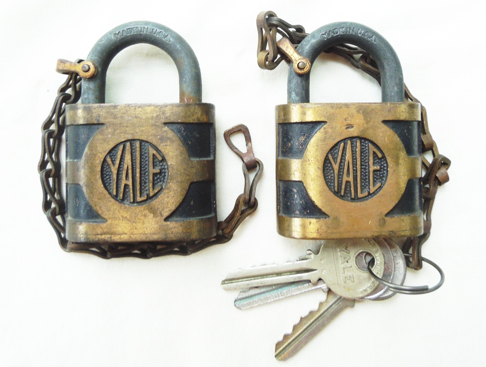 Lot of 2 Nice Early Yale Keyed Alike locks complete with Bronze Chain & 1 key