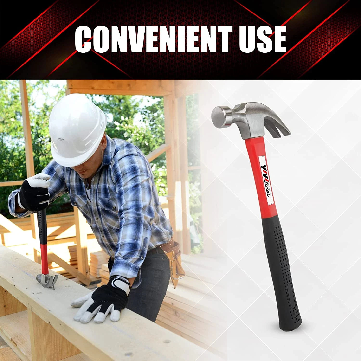 Claw Hammer with Fiberglass Handle – 16-Oz, Red and Black (YY-1-003)