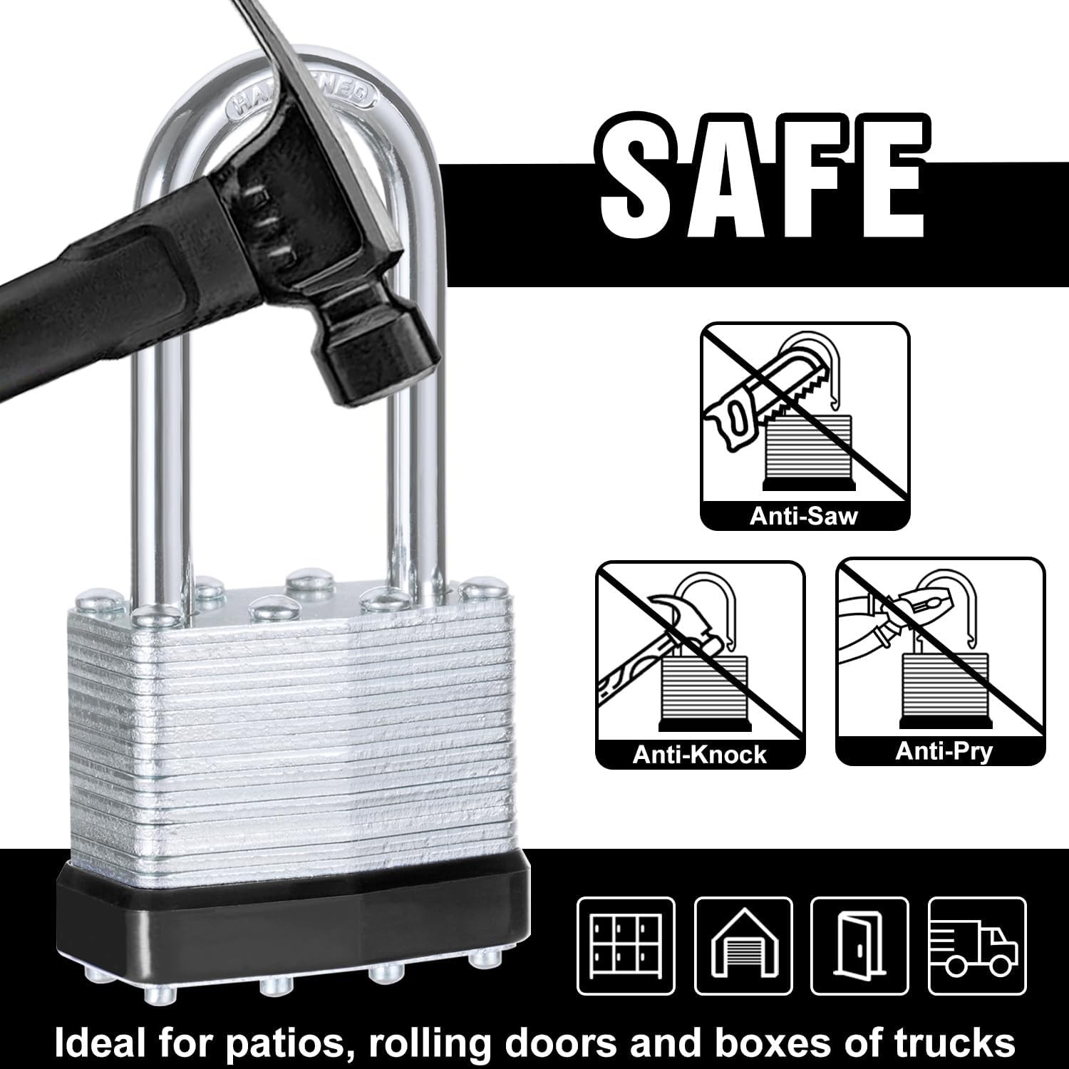 6Pcs Padlocks with Same Keys,Laminated Steel Black Silver(1-9/16″,40mm),Long Sha