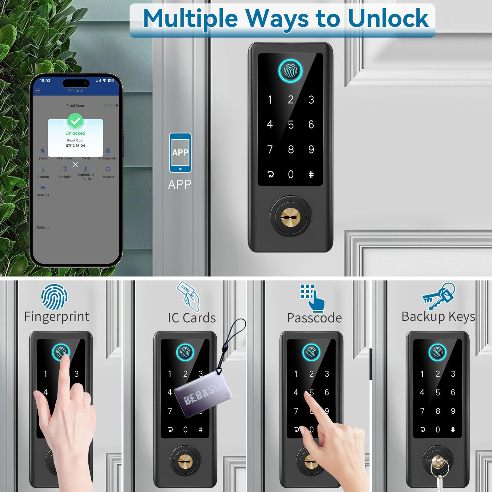 BEBASIA Smart Fingerprint Door Lock with Handle Set, Full App Control, Black