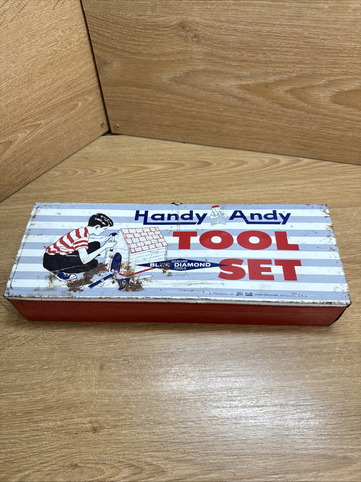 Vintage 1950’s Blue Diamond 620 HANDY ANDY TOOL SET 14 1/2″ Metal Box With Tools